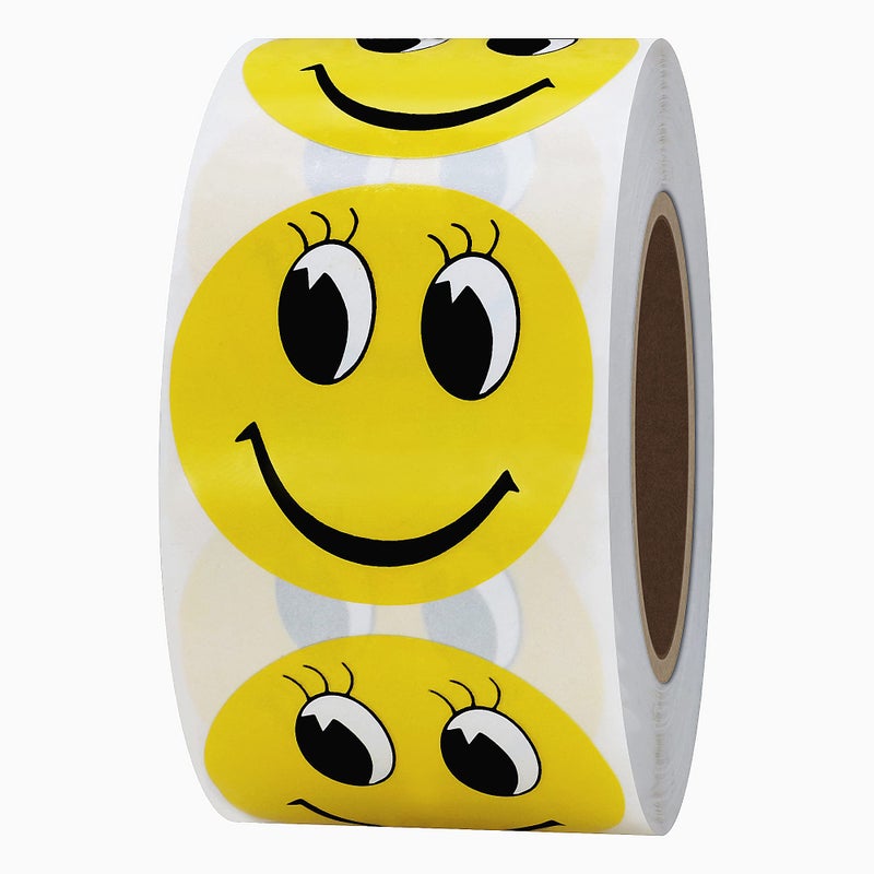 Hybsk Yellow Happy Face with Eyelash Happy Stickers 1.5" Round Teacher Labels 500 Total Per Roll - Image 1